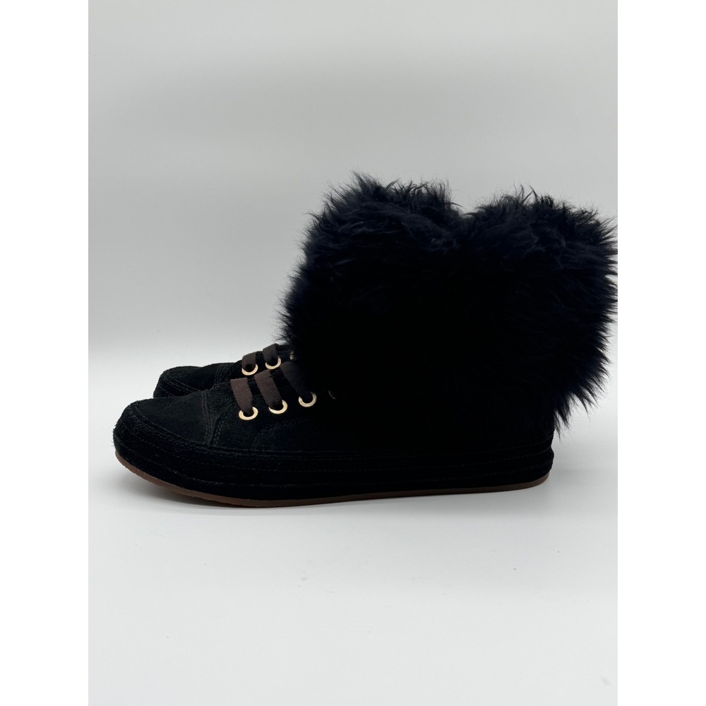 UGG Black Suede Faux Fur Trim‎ Lace Up Ankle Boots Womens 9.5